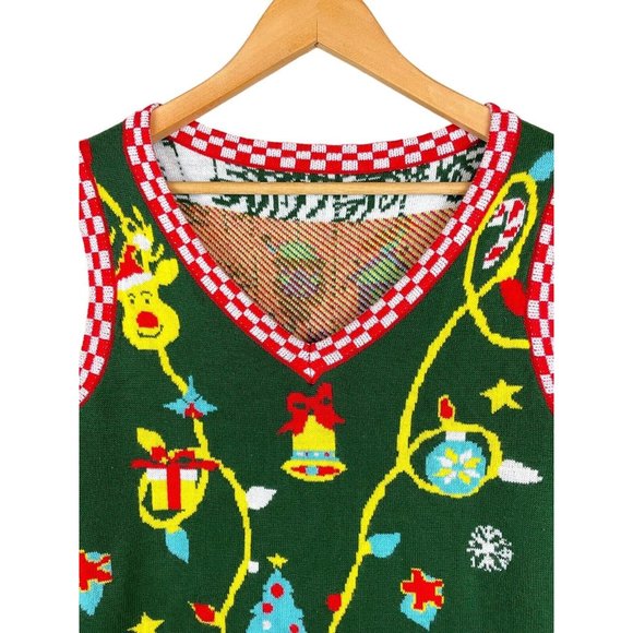 Christmas Sweater Vest Small Green And Red With Pixilated Deer, Ornaments, Santa - Picture 2 of 8